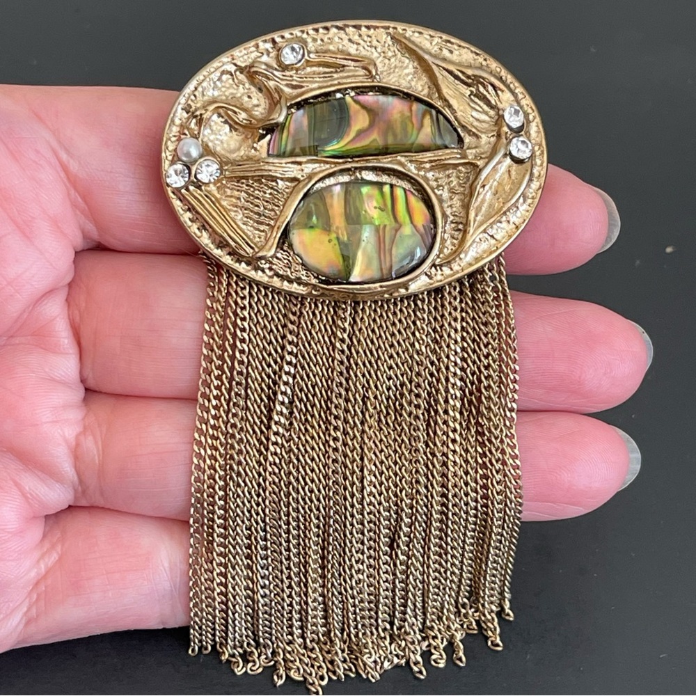 Vintage antique gold tone natural Abalone waterfall Brooch .